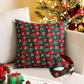 Pack of 2 Christmas Plaid Decorative Throw Pillow Covers Snowflake Tartan Scottish Cushion Cover for Sofa Couch Farmhouse Holiday Decor Red and Green, 18x18 Inch