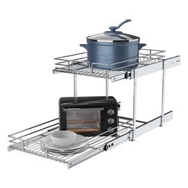 2 Tier Pull Out Cabinet Organizer, 11" W x 21" D Heavy-Duty Metal Sliding Drawer Shelf for Kitchen Cabinets, Chrome, Doesn't Include Door Fittings