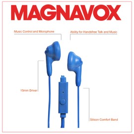 Magnavox MHP4820M-BL Gummy Earbuds with Microphone in Blue | Available in Pink, Purple, White, Black, & Blue | Earbuds Gummy | Extra Value Comfort Stereo Earbuds | Durable Rubberized Cable |
