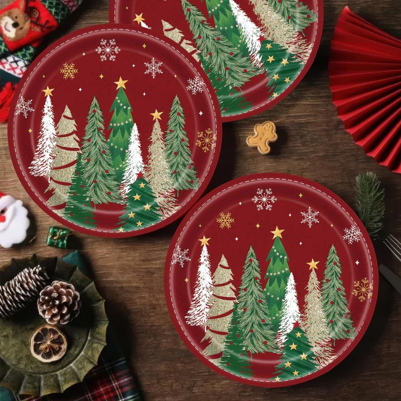 24 Pcs Christmas Paper Plates Red Green Merry Christmas Snowflake
