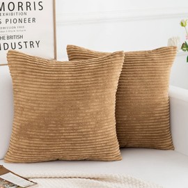 Yonous Corduroy Cushion Covers, Soft Square Decorative Throw Pillow Home Decor for Living Room Couch Bed Sofa, Set of 2 Pack, Light Brown, 45x45 CM / 18x18 Inch