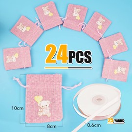 BETESSIN Pack of 24 Jute Drawstring Bags 8 x 10 cm Pink Jute Bags with Baby Bear Iron-On Transfer Pattern Small Drawstring Bags for Baby Shower Party Decoration Baby Shower Christening Guest Gift etc.
