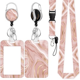 ID Badge Holder with Lanyard, Retractable Badge Reel with Swivel Belt Clip, Detachable Lanyard Name Card Tag Vertical ID Protector Badge Reel for Nurse Doctor Office Employees (Pink Rose Gold Marble)