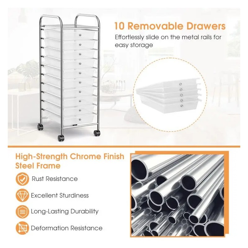 10 Compartment Transparent Multicolor Rolling Storage Cart Organizer with 4