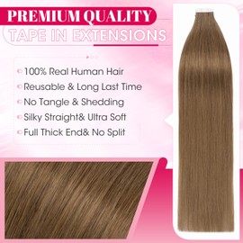 Tape-In Real Hair Extensions, 20 Pieces, 40 cm, Light Brown, Remy Invisible Hair Tape-In Hair Extensions, Natural, 50 g, 16 Inches, #06 Straight Real Hair, Skin Weft Tape