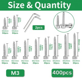 Zmbroll M3 Socket Head Cap Self Tapping Screw Silver Grade 8.8 Carbon Steel Metric 400pcs M3x6/8/10/12/14/16/18/20/25/30mm Socket Allen Head Self Drilling Fastener Hex Drive Wood Screws
