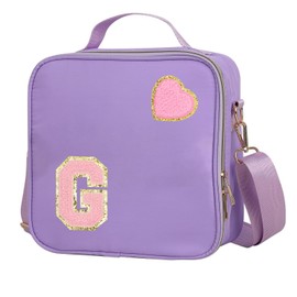 Insulated Nylon Lunch Box for Girls, Kids, and Women-Stylish Purple Preppy Large Lunch Bag with Adjustable Strap and Chenille Letter 'G', Tote for School, Travel, and Picnics-Ideal Preppy Stuff Choice