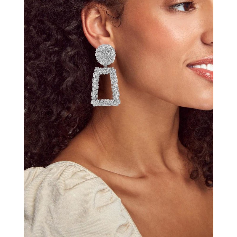 ATIMIGO Rectangle Statement Dangle Earrings Large Metal Geometric Earrings Silver