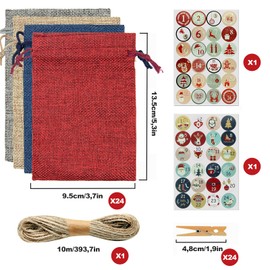 Advent Calendar for Filling, 24 Pieces Christmas Calendar for Filling, Advent Calendar 2023 Children with 10 m Twine and 48 Advent Numbers Stickers, DIY Fabric Bag Christmas Calendar Bags (4 Colours)