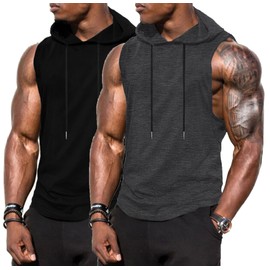 Babioboa Men Workout Sleeveless Hoodie 2 Pack Lightweight Training Cut-Off Running Hooded Tank Top(Black/Deep Grey,L)