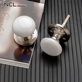 NCL White Door Knobs, Satin Nickel Keyless Door Handles, Porcelain Door Levers, Interior Bath Door Knob