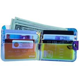 KOOIJNKO Clear Wallet for Women, Bifold Wallet Purse with Lanyard Cute Jelly Coin Pouch ID Case (LS)