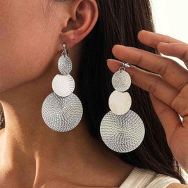 Cybche Punk Texture Disc Earrings Silver Disc Coin Earrings Long Disc Drop Earrings Coin Dangle Earrings Clip On Earrings Jewelry for Women