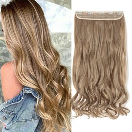 24 Inch One Piece 5 Clips Matte Material Hair Extension Curly Wavy Clip In Hairpiece Synthetic For Women Beauty, Light Ash Brown Mix Bleach Blonde