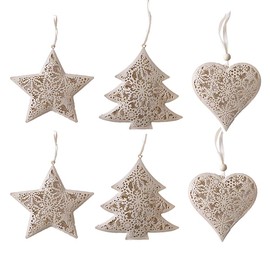 Valery Madelyn Christmas Tree Decorations 6pcs Metal Silver and White Christmas Hanging Ornaments Pendants Scandi Xmas Tree Decoration with Star, Tree, Heart-shaped Patterns (5 Inch)