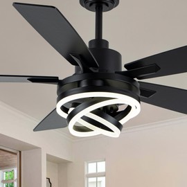 Large Modern Ceiling Fans with Lights and Remote DIY Rings 6 Speed Reversible Quiet DC Motor Chandelier LED Ceiling Fans for Bedroom, Living Room (Black, 52 Inch)