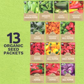 Organic Pepper Seeds (Sweet and Hot) Variety Pack - 13 Individual Packs - 2026 Season - Cayenne, Orange Habanero, Shishito and More! for Indoor & Outdoor Planting (Non-GMO, Certified Organic)