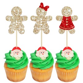 Gyufise 24Pcs Christmas Gingerbread Man Cupcake Toppers Glitter Gingerbread Man Gender Reveal Cupcake Picks for Christmas Baby Shower Boy or Girl Kids Birthday Party Supplies