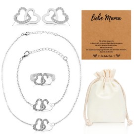 Henjunu Mother Necklace, Mother's Day Gift Mum, Heart Jewellery Gift for Mother, Heart Necklace with Bracelet, Ring Earrings, for Mother's Day, Birthday, Christmas, Silver, 1