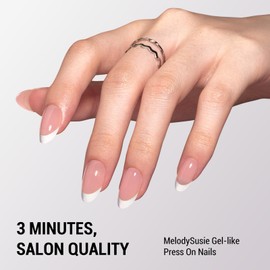 MelodySusie Press-On Nails Short Almond White French Tips, Long-lasting & Glossy Finish, Reusable with Glue for Woman Girl, 16 Sizes-32Pcs Fake Nails Kit