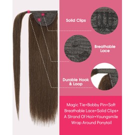 Youngsmile Ponytail Extension Human Hair Extensions 18 Inch 80g Ponytail Straight Wrap Around Clip in Hair Extensions with Magic Paste Natural Hair #4 Chocolate Brown (PT#4-18Inch)