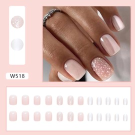 Press On Nails 24pc - Short Square Nude Glitter French Frosted Fake Nails Set w/Glue Stickers & File | Women's Acrylic Fingernails for Sticking