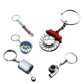 JOYCOURT 5PCS Metal Car Parts Key Chain Set with Brake Rotor, Worm Wheel, Tire Rim, Spring, Manual Gear Shift Box Keychain (Style 1)