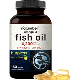 Omega 3 Fish Oil 4,200mg, 180 Burpless Softgels, Highly Purified EPA 1,200mg & DHA 900mg | Lemon Flavored | Premium Wild Caught Fish from Deep Sea – Heart & Brain Support – Mercury Free & Non-GMO