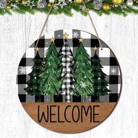 CroBlissful Christmas Door Sign Decoration Rustic Christmas Tree Wreath Black White Buffalo Plaid Hanging Welcome Sign Green Christmas Decor for Front Door Farmhouse Xmas Porch Wall Windows Outdoor