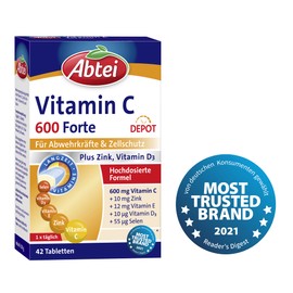 Abtei Vitamin C 600 Forte - High Dose Dietary Supplement to Support Defense and Cell Protection - with Zinc and Vitamin D3 - 1 x 42 Tablets (Pack of 1)