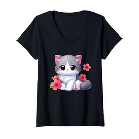 Womens Cute Kawaii Cat with Cherry Blossoms Anime Cartoon Design V-Neck T-Shirt