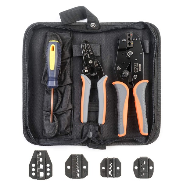 IWISS Ratchet Wire Crimping tool kit w/ 5 Interchangeable Jaws,Wire Striper&Cutter for Insulated and Non-Insulated Terminals 0.5-35mm ² Oxford bag packing