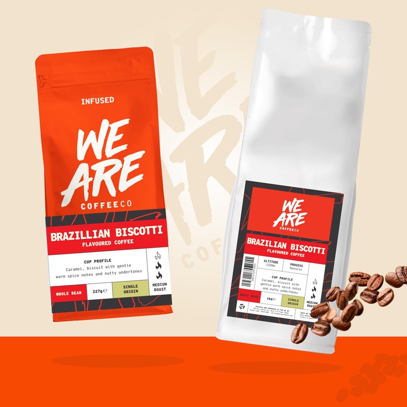 Coffee Beans 227g Bag, Whole Bean Coffee, Brazilian Biscotti Flavoured
