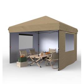 10x10 Pop Up Canopy with Removable 3 Sidewalls - Easy Up Camping Tent with One Button Push Setup - 1 Roller Bag, 3 Adjustable Height, 4 Weight Bags for Deck, Garden, Sports, Beach, Party - Khaki