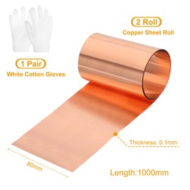 uxcell 2 Roll Copper Sheet Roll, 1000 x 80 x 0.1 mm 99.9% Pure Copper Strip with White Cotton Gloves, Copper Flashing Metal Foil Plate for Crafting, Electricity, DIY Project