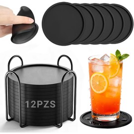 INGEQUIS 12 Piezas Posavasos de Silicona para Mesa, Portavasos Antideslizantes con Soporte, Resistente al Calor para Fiesta, Hogar, Restaurante, Cafetería, Bar(Negro)