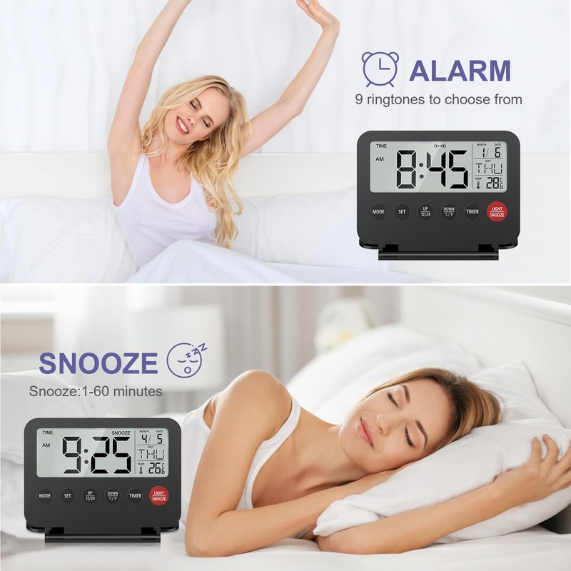 OQIMAX Digital Travel Alarm Clock, Battery Powered LCD Alarm Clock