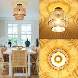 FORCOSO Rattan Ceiling Light, Boho Ceiling Light with 3 Layers Natural Rattan Lampshade, E27 Vintage Chandelier, Rustic Brown Boho Lamp Ceiling for Living Room, Bedroom, Dining Room, Kitchen, Hallway