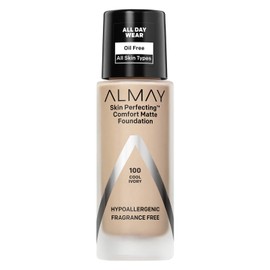 Almay Skin Perfecting Comfort Matte Foundation Liquid Makeup, Hypoallergenic, Cruelty- & Fragrance-Free, Dermatologist-Tested, 100 Cool Ivory, 1 fl oz