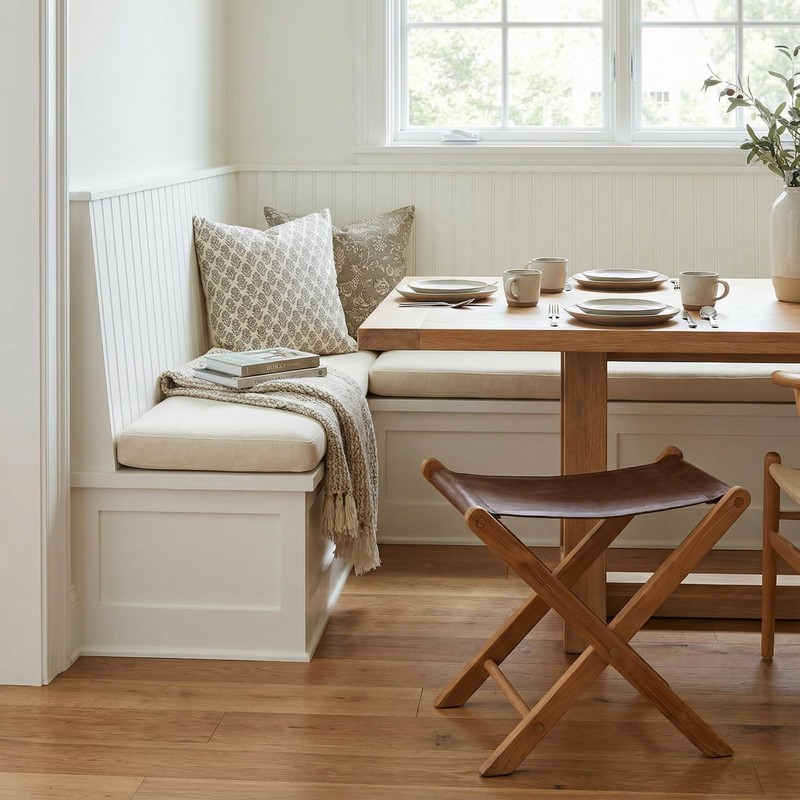 Bare Decor Davie Teak and Leather Folding Accent Stool, 18",