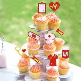Cyodoos 24Pcs Nurse Cupcake Toppers Sparkling and shining Nursing School Graduation Cupcake Picks for Medical Rn Nurse Grad Themed Birthday Party Supplies Red