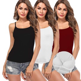 KIWI RATA Women's Cami with Built-in Bra Adjustable Strap, Summer Sleeveless Tank Top Padded Camisole for Yoga（S-3XL） (3 Pieces-Black/White/Red Wine, X-Large)