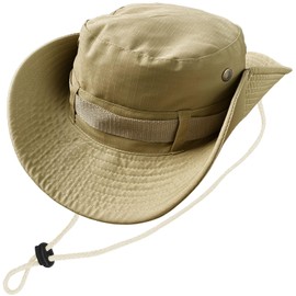 Kugooyi Boonie Hat Bucket Hat Outdoor Wide Brim Beach Sun Protect Hat Double Layer Classic Bush Jungle Fishing Hunting Mesh Breathable Adjustable Chin Strap (Light Khaki)