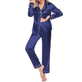 Samring Conjunto de pijama de satén de seda para mujer, conjunto de pijama de dos piezas con botones y bolsillos, S-XXL, Azul marino, XL