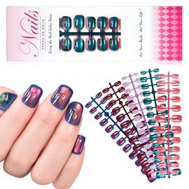 LINSSQ 5 Packs Shimmery Red Blue Press on Nails Glossy Cat Eye Gel Nail Art Tips Short Squoval False Nails Salon Manicure Kits Reusable Acrylic Nails Fake Fingernails