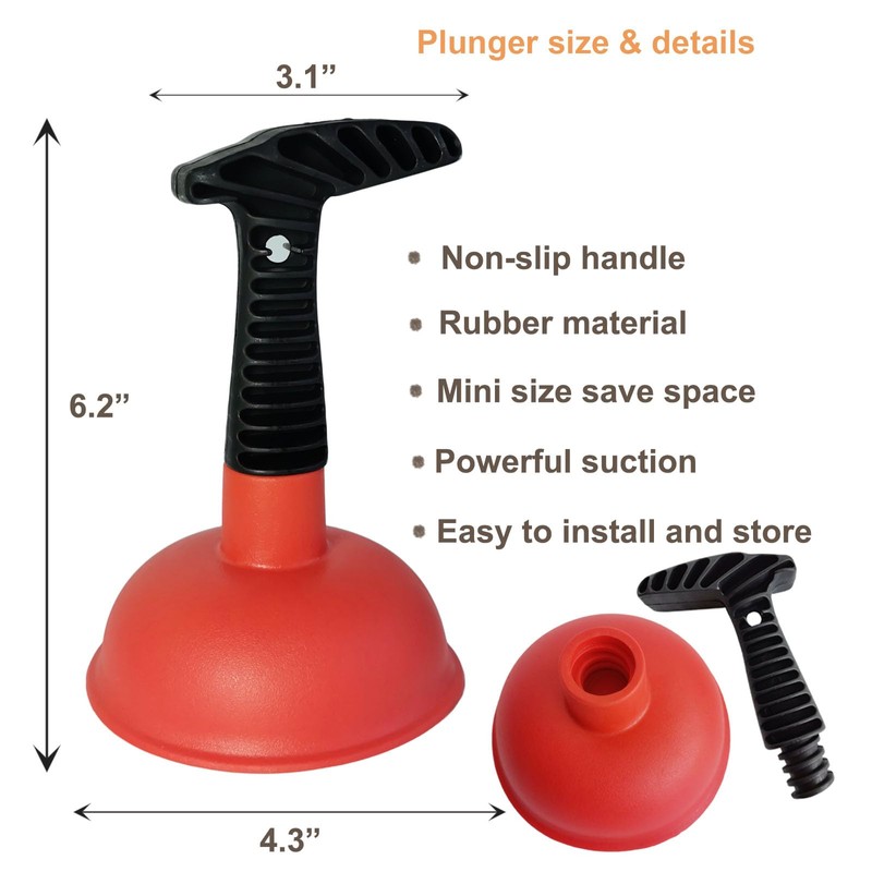 Mini Sink & Drain Plunger with Short Handle - Heavy-Duty