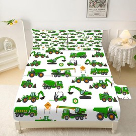 EDGZKO Sheet Set Green Tractor: Twin Size Cartoon Excavator Truck Bed Sheets for Boys Kids Toddler Deep Pocket Construction Vehicle 3PC Bedding Set 1 Fitted Sheet & 1 Flat Sheet & 1 Pillowcase