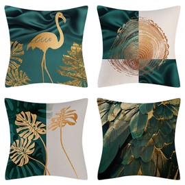 Fullfun Teal Blue Gold leaves Cushion Covers, Swan and peacock feathers linen pillow covers, Pack of 4 square throw pillowcase with invisible zipper for sofa & couch 40 cm x 40 cm(16 x 16 inch)