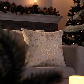 Topfinel Christmas Pillow Covers 12x12 Set of 2,Xmas Cream Velvet Snowflake Reindeer Decorative Pillow Case Winter Holiday Decor for Home Couch,White and Gold