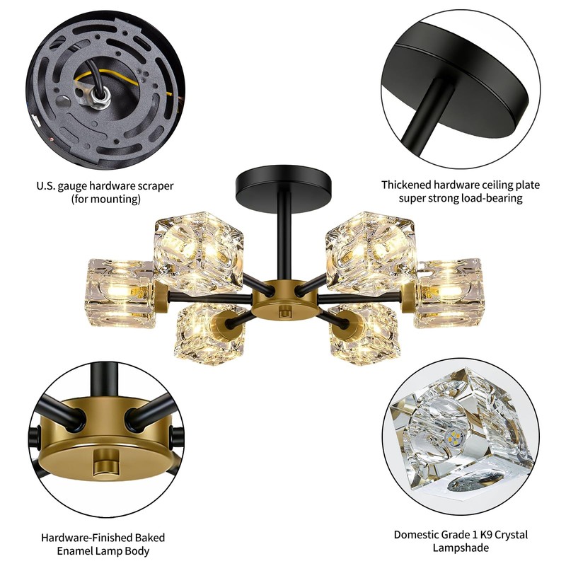 SHINELUX Modern Sputnik Chandelier, 6-Lights Crystal Semi Flush Mount Ceiling